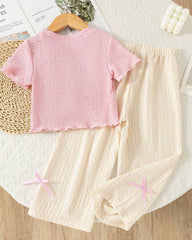 Girls Pink 3D Floral Textured T-Shirt & Pants Set – 2pcs Casual Outfit