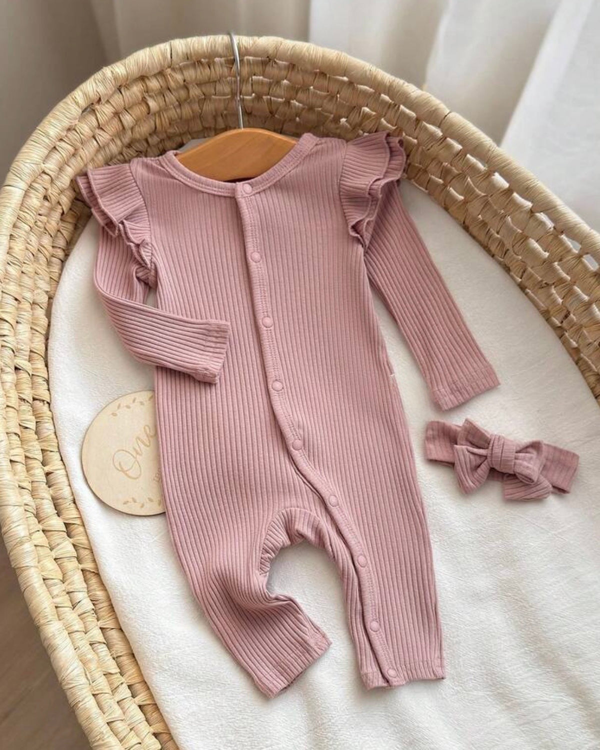 Newborn Baby Girl 2-Piece Pink Knit Romper Set with Headband