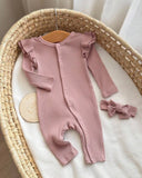 Newborn Baby Girl 2-Piece Pink Knit Romper Set with Headband