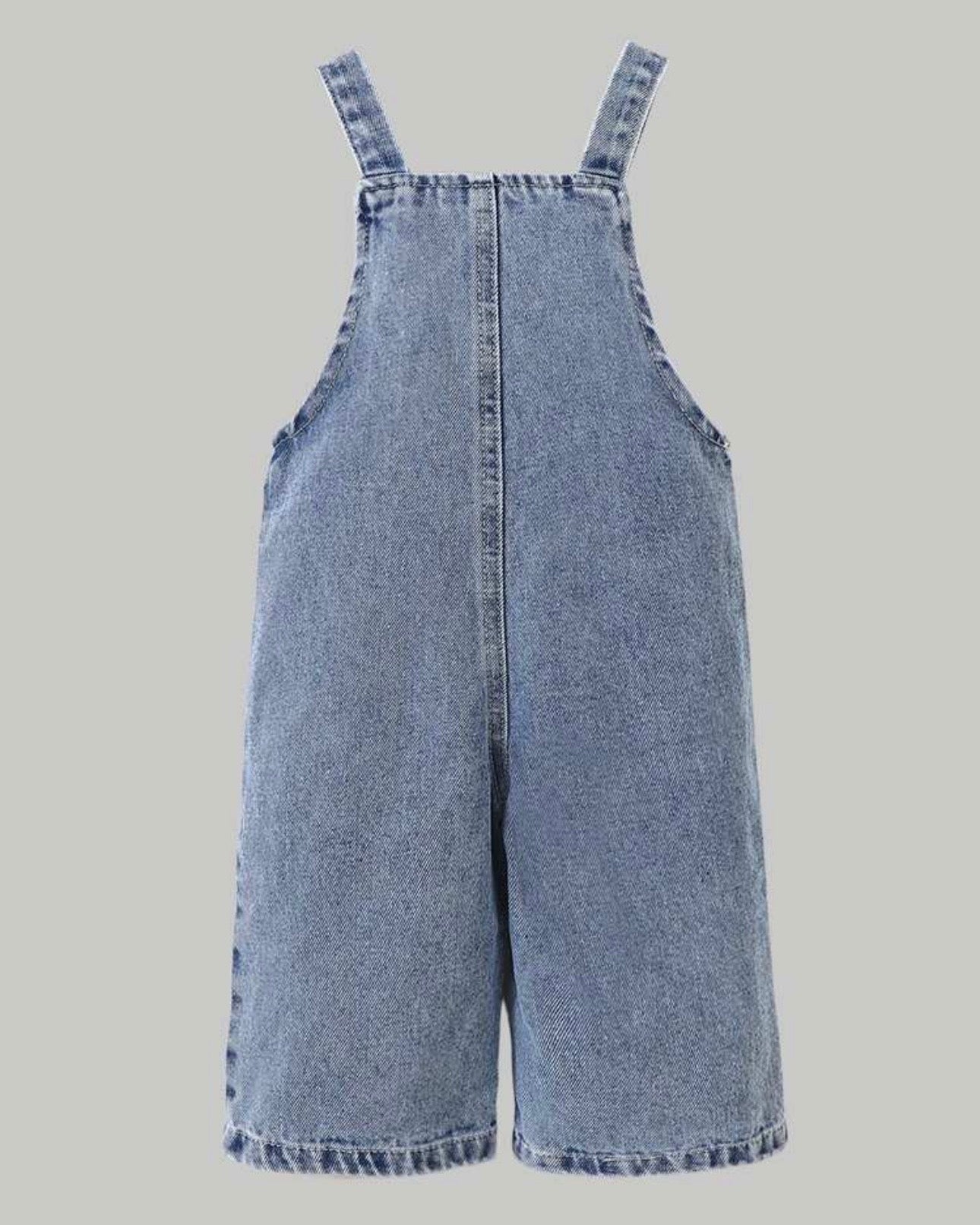 Girls Pink And White Heart Embroidered Denim Jumpsuit