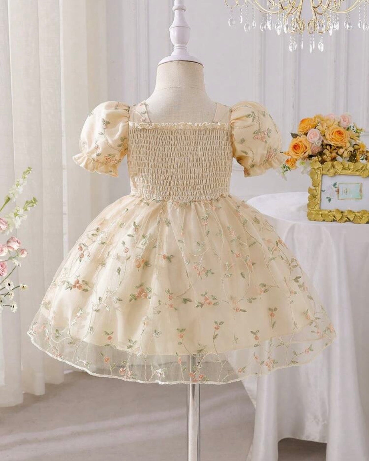 Baby Girl Apricot Mesh Floral Puff Sleeve Princess Dress