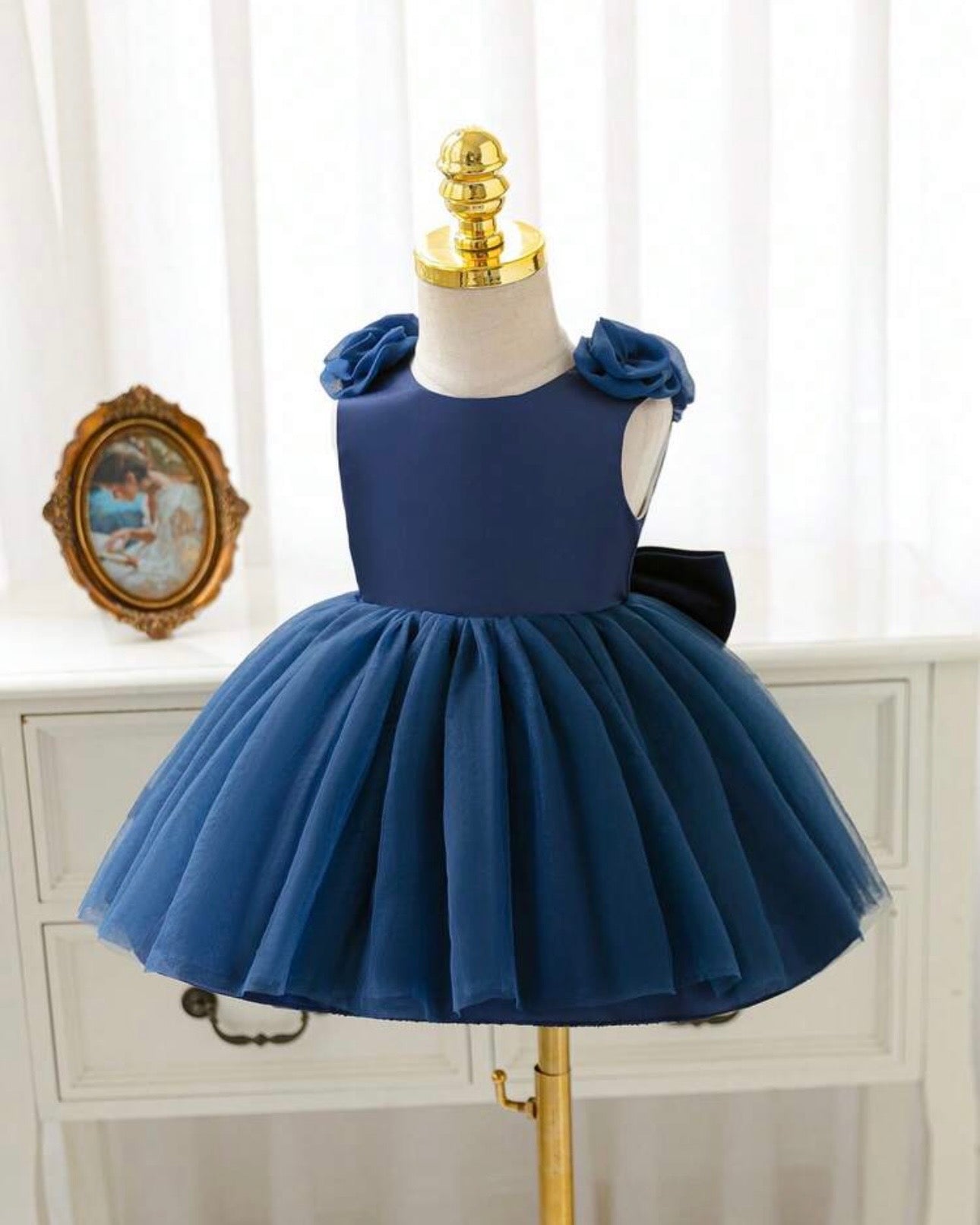Baby Girls Blue Satin & Mesh Princess Dress with 3D Flowers