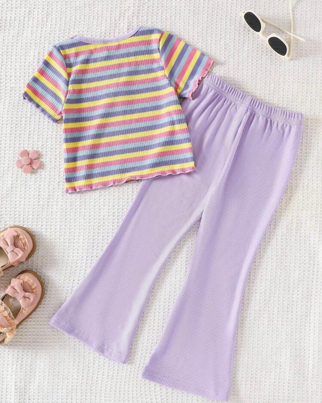 Kids Girl's Striped Purple Embroidered Flare Pants Set