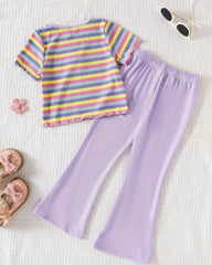 Kids Girl's Striped Purple Embroidered Flare Pants Set