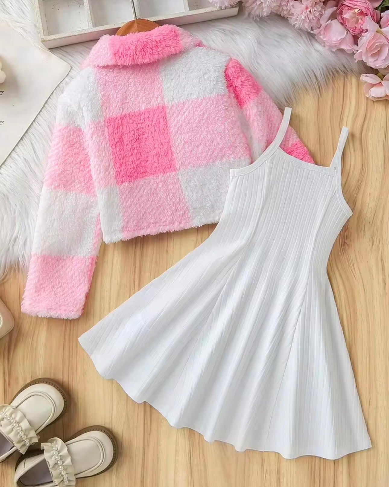 Autumn/Winter Girls' Casual Chic Fluffy Jacket & Cami Dress