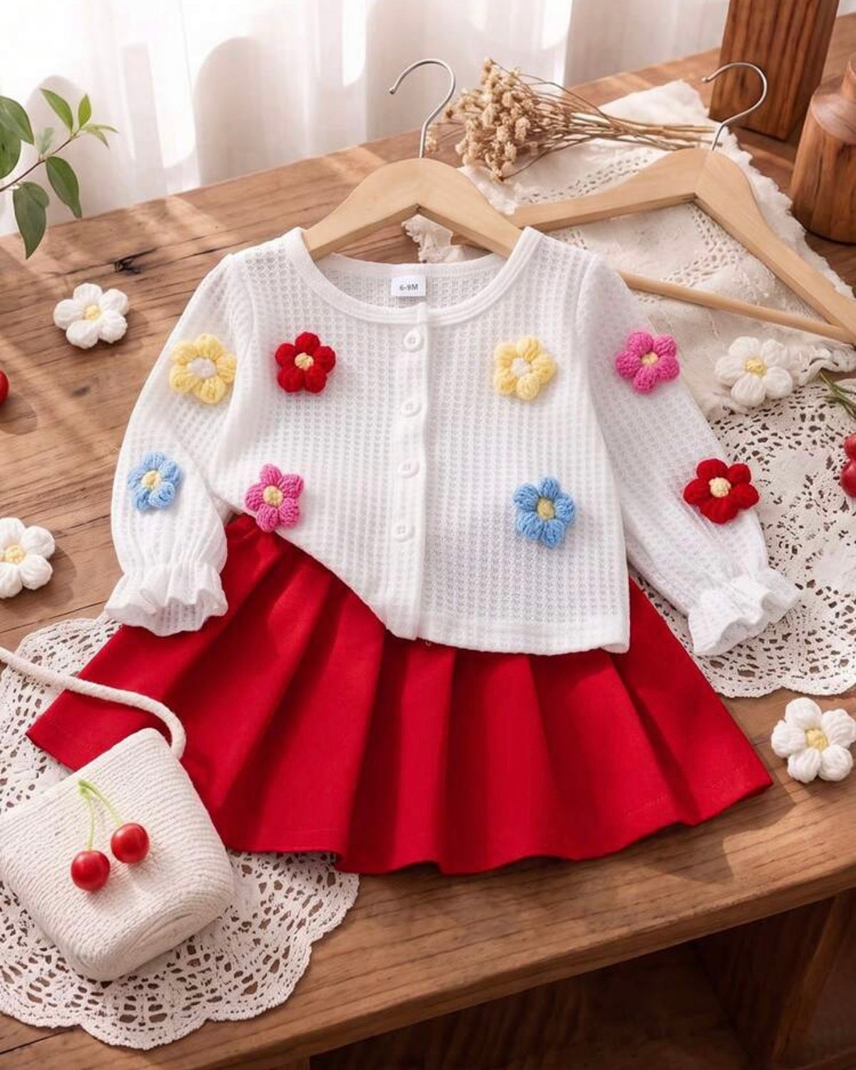 Baby Girl Floral Cardigan & Red Pleated Skirt Set