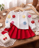 Baby Girl Floral Cardigan & Red Pleated Skirt Set
