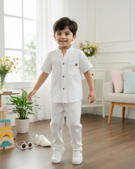 2pc Boys White Textured Shirt & Trouser Set