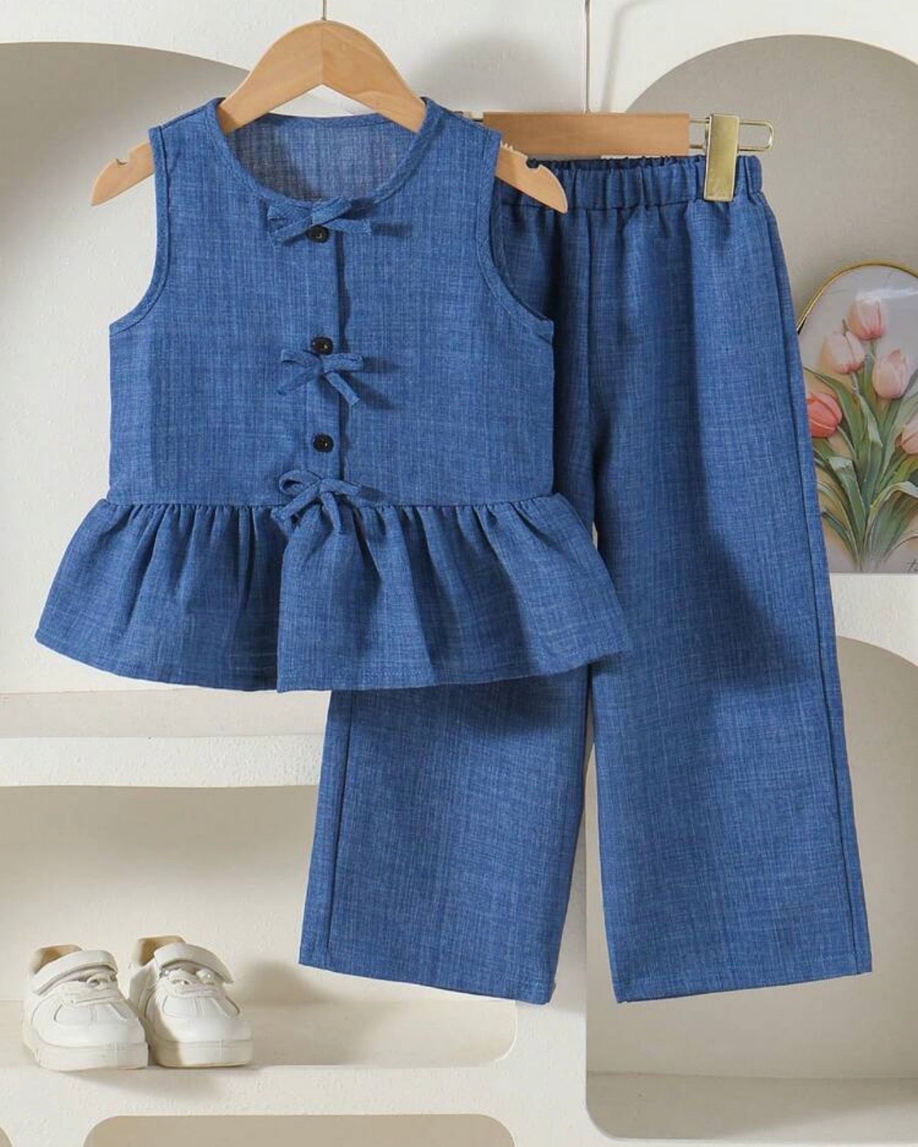 Girls Blue Ruffle Hem Cami & Solid Pants Set