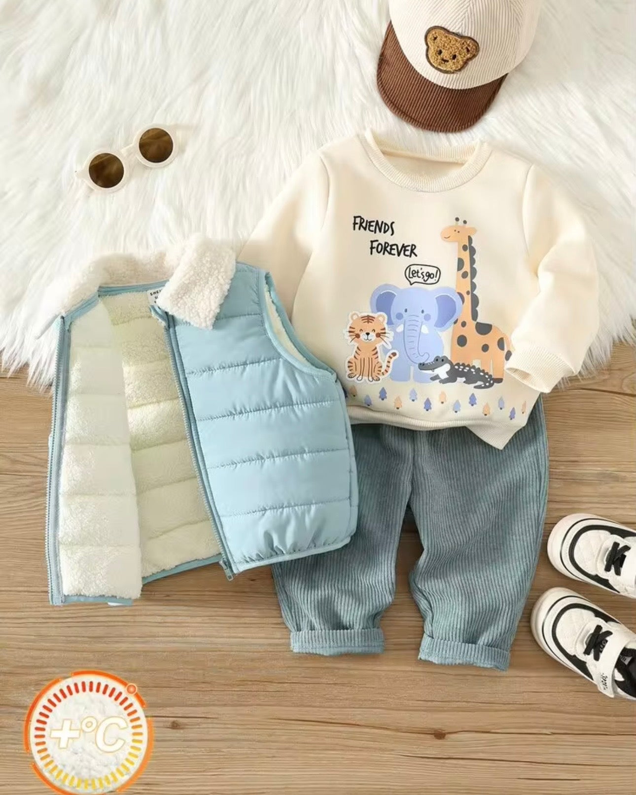 Baby Boy sweatshirt, fleece-lined pants, and Sky Blue vest jacket