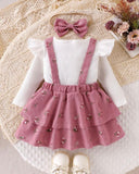 3-Piece Baby Girl  Pink Floral Ruffle Suspender Dress with Top & Bow Headband