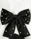 Girls 2-Piece 3D Black Bow Beaded Outfit Set – Cap Sleeve Top & Beaded Slit Shorts