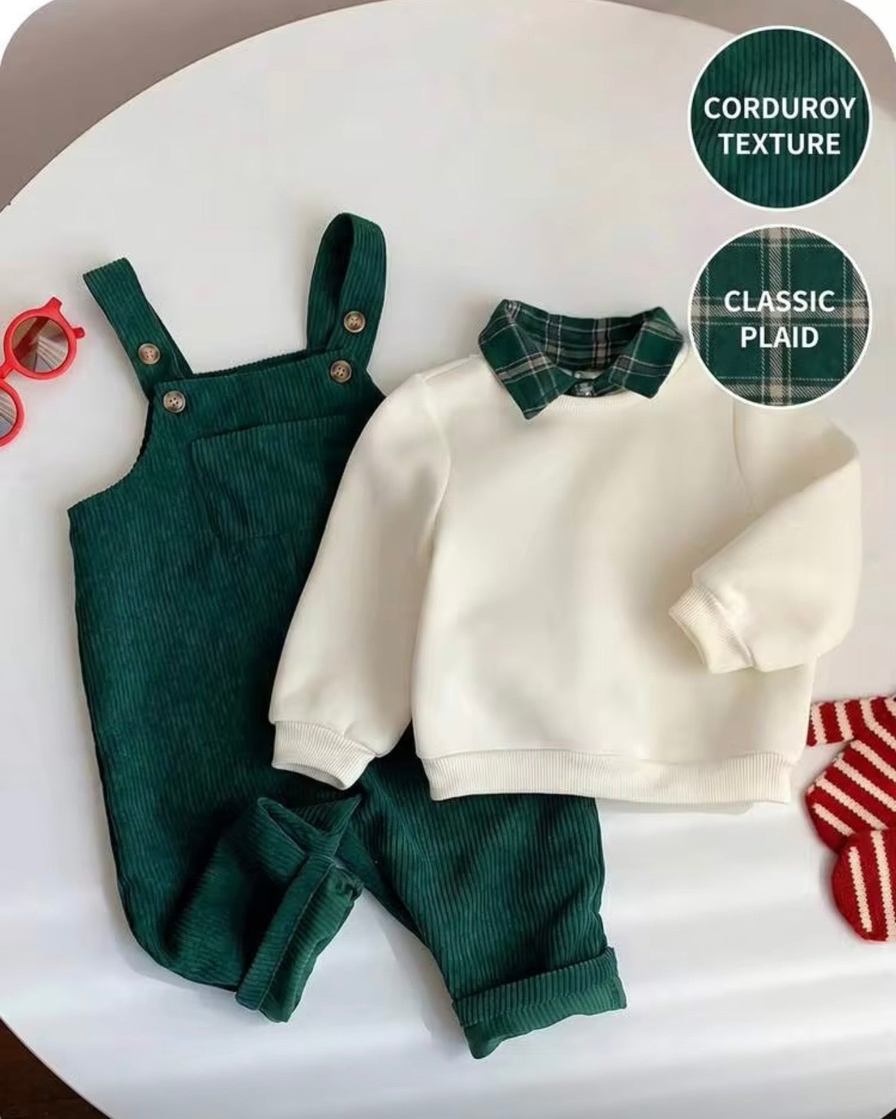 Baby Boy Apricot Knit Sweatshirt & Green Plaid Corduroy Overalls