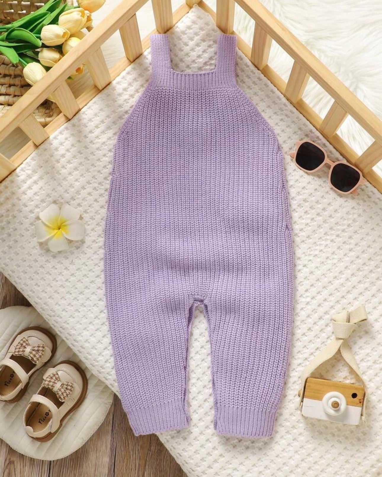 Baby Girl Purple 3D Bow Decor Knitted Strap Jumpsuit