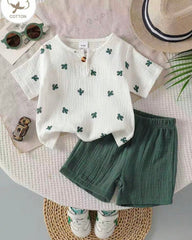 Baby Boy Summer Cactus Print T-Shirt & Green Crepe Shorts Set (2PCS)