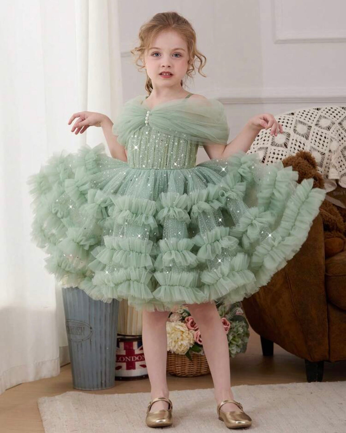 Girls Mint Green Sequin Princess Dress – Off-Shoulder Beaded Mesh Party Dress