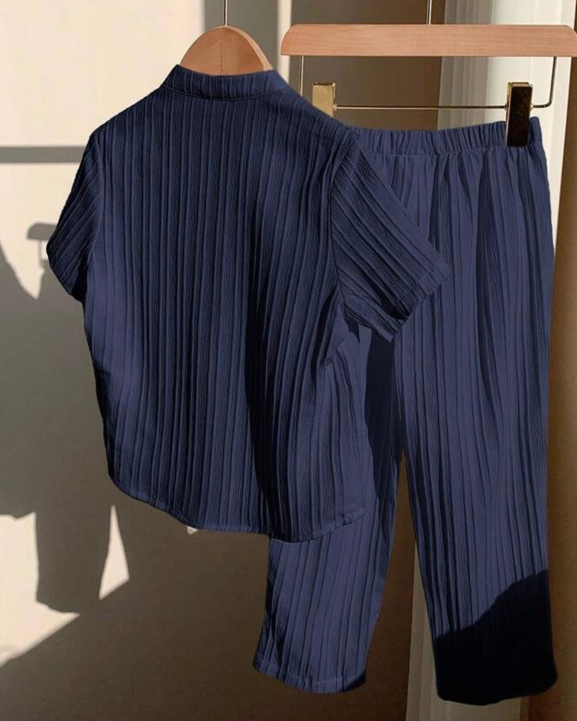 2PCS Boys Navy Blue Outfit Set – Textured Stand Collar Shirt & Trousers