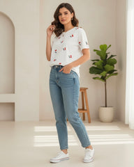 Women's Casual Cherry Print Short Sleeve T-Shirt, Summer