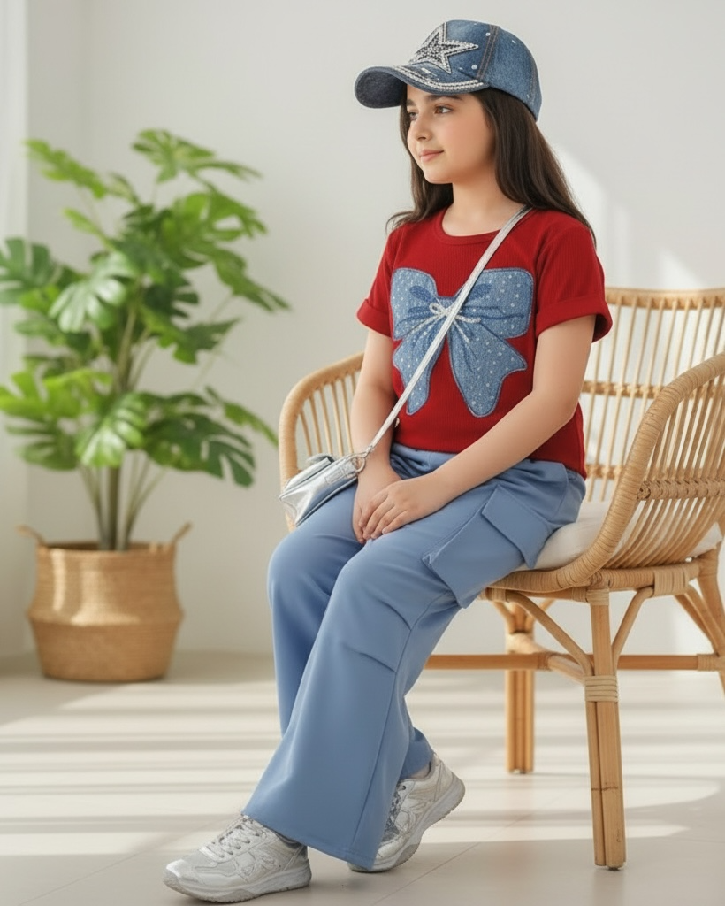 Tween Girls Blue Bow Graphic Red T-Shirt & Cargo Pants Set