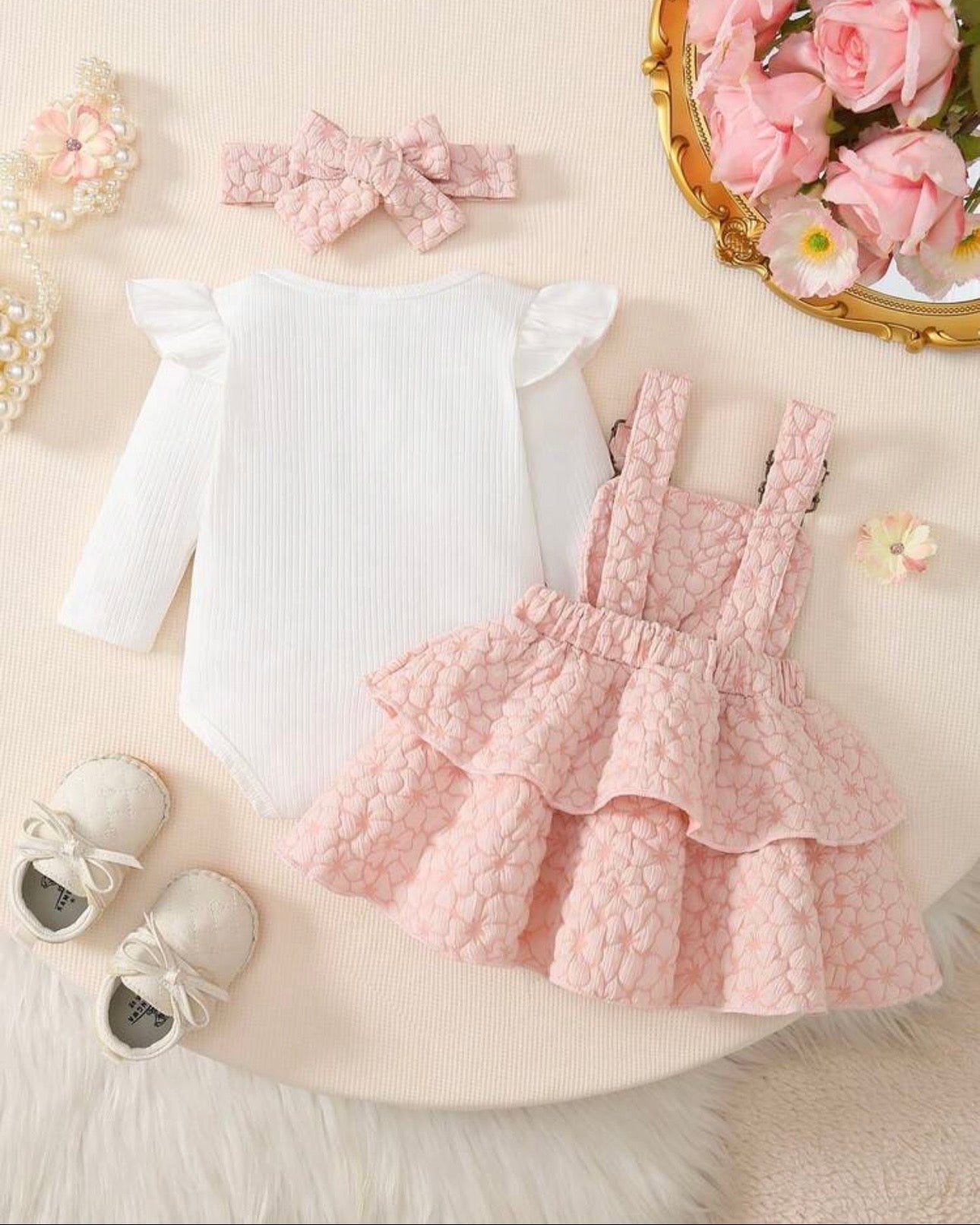 3PCS Baby Girl White Bodysuit, Pink Suspender Dress & Headband Set