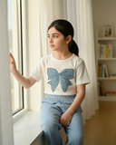 Tween Girls Blue Bow Embroidery White T-Shirt & Wide Leg Pants Set