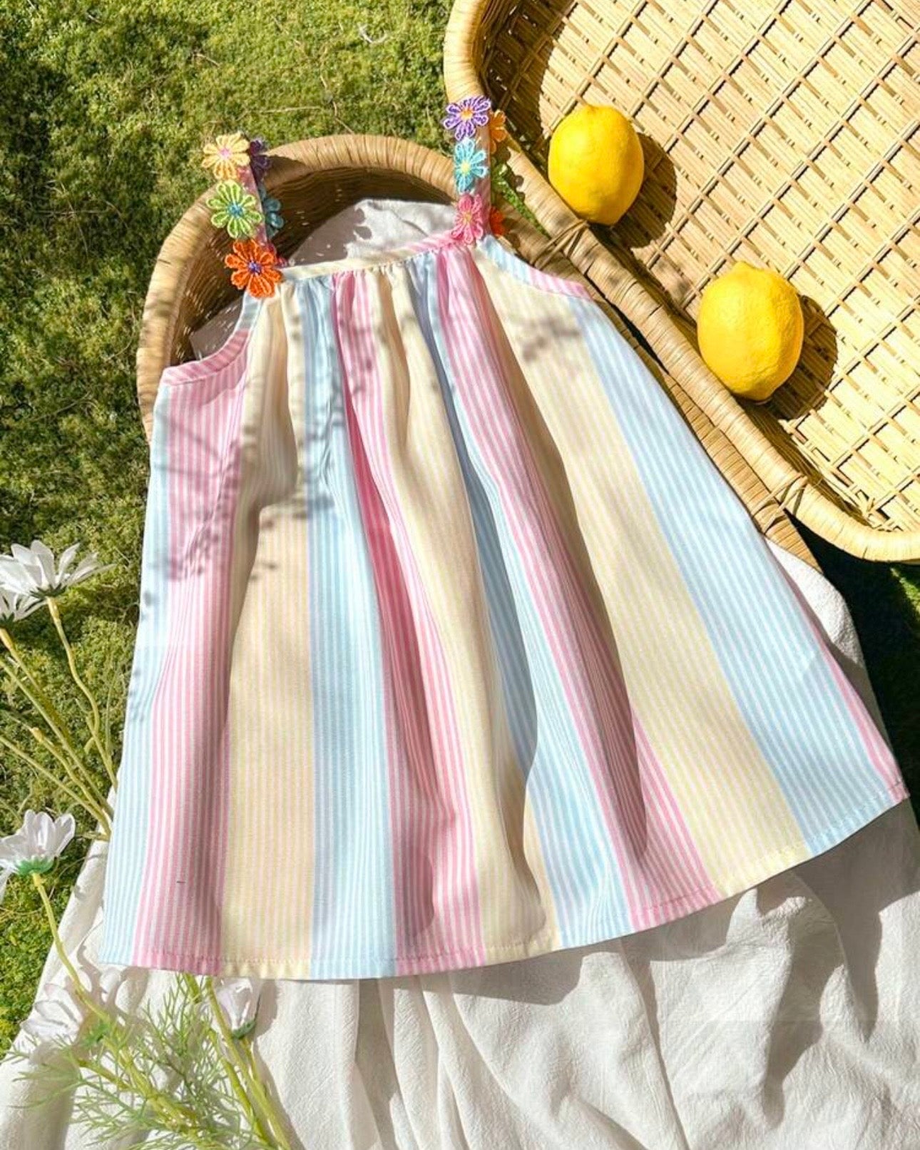 Baby Girls’ Pastel Colors  Ribbon Patchwork Striped A-Line Dress