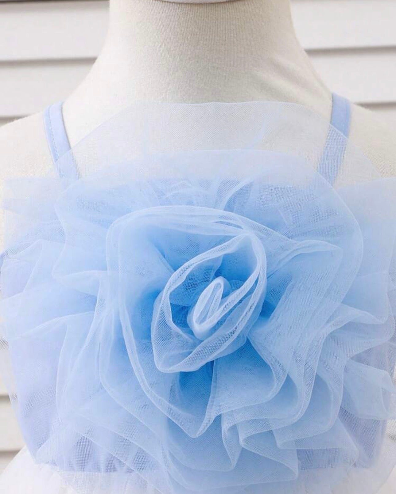 Baby Girls 3D White and Blue Flower Decor Strap Double Layer Tulle Dress