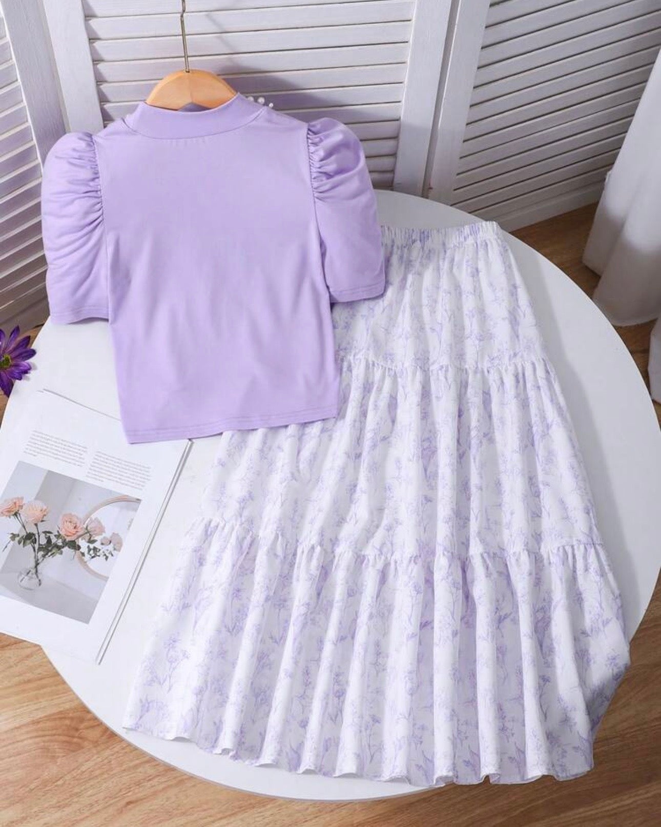 Tween Girl 2Pcs Outfit – Light Purple Faux Pearl Top & Floral Ruffle Skirt Set