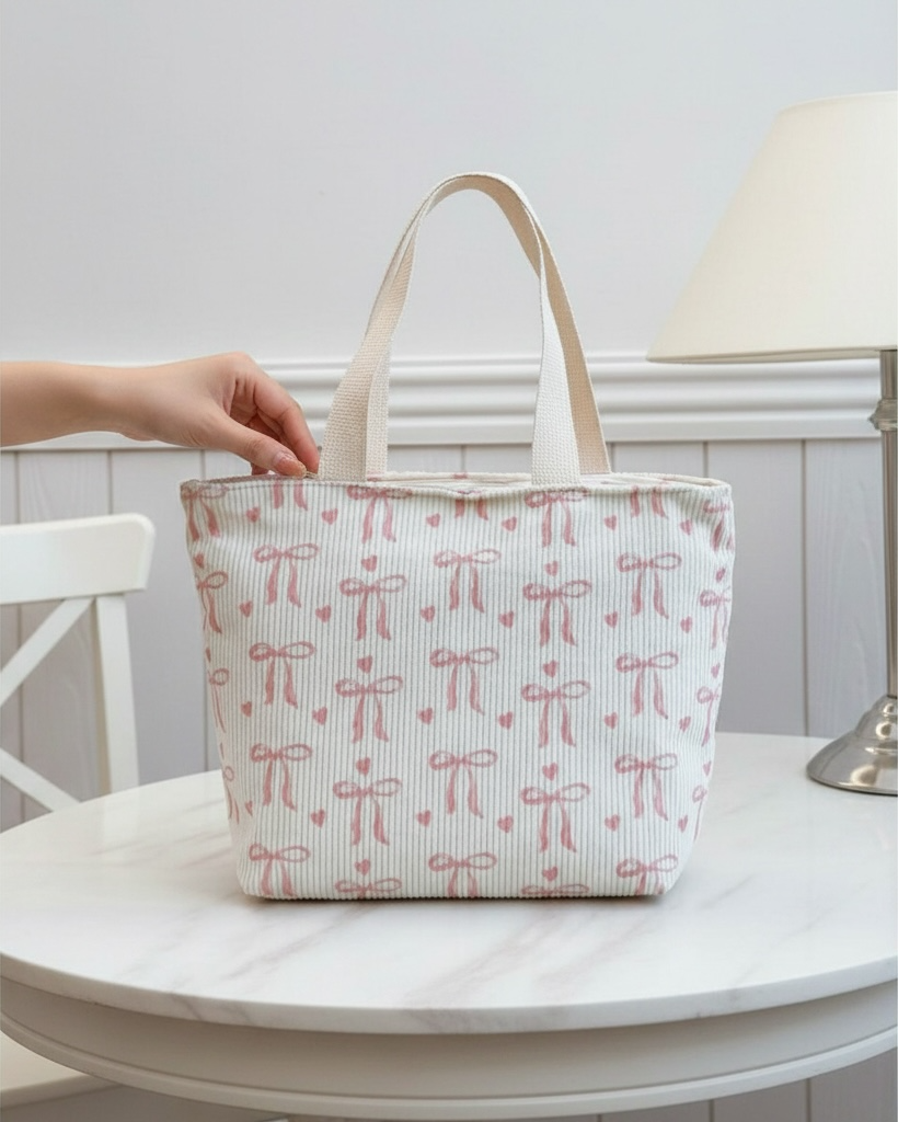 White Bow & Heart Print Travel Tote Bag