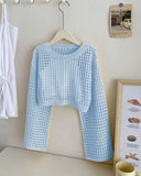 Tween Girls Teal Blue Crew Neck Long Sleeve Hollow Knitwear