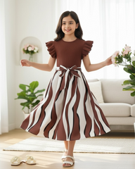 Tween Girls Fashionable Geometric Print Ribbed Brown Dress