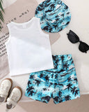 Boys 3pc Blue & White Stripe Summer Time Print Top, Coconut Tree Beach Shorts & Hat