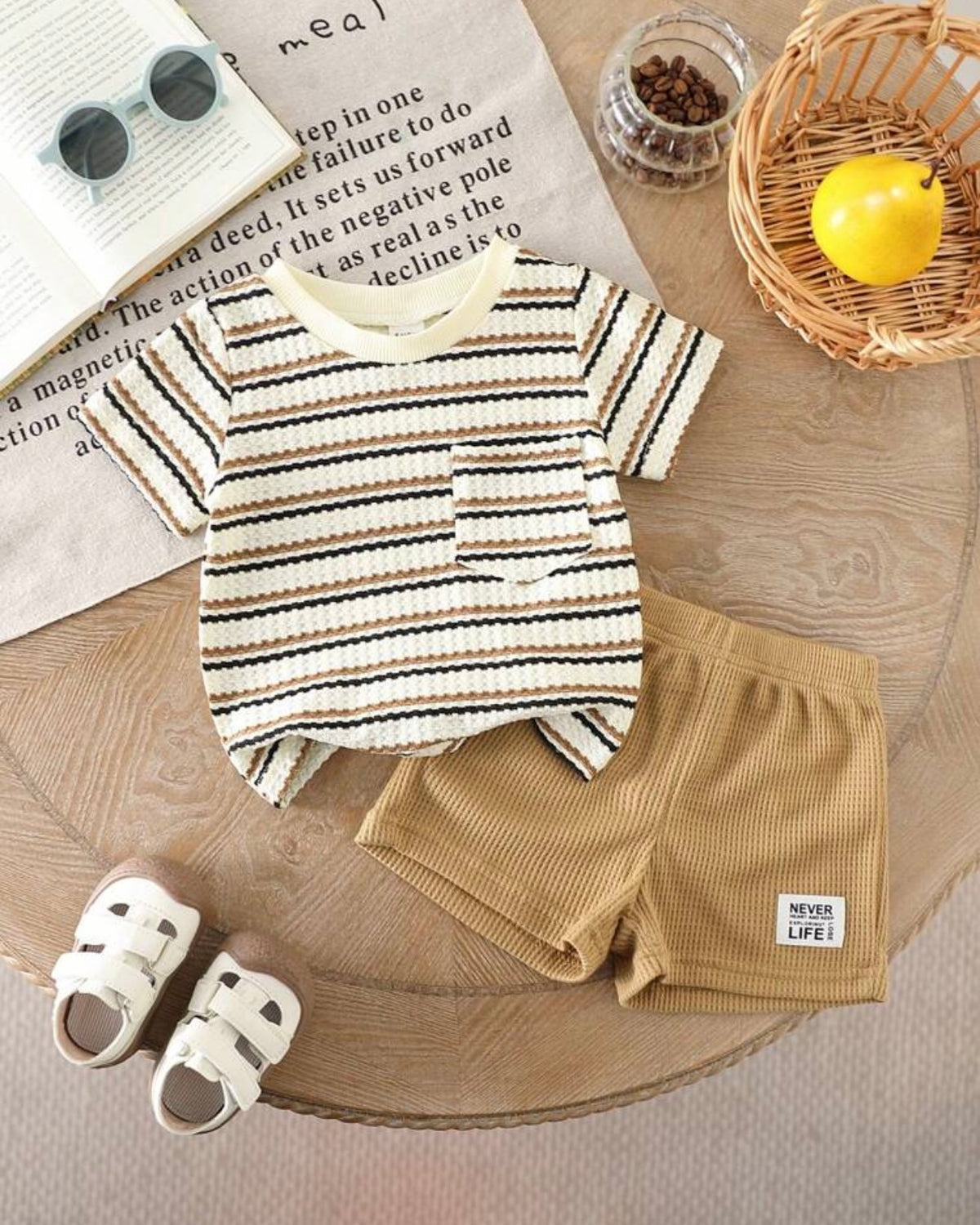 2pcs Boys Knit Round Neck Short Sleeve T-Shirt And Skin Shorts Set