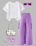 Tween Girls Purple Bow Embroidery T-Shirt & Cargo Pants Set