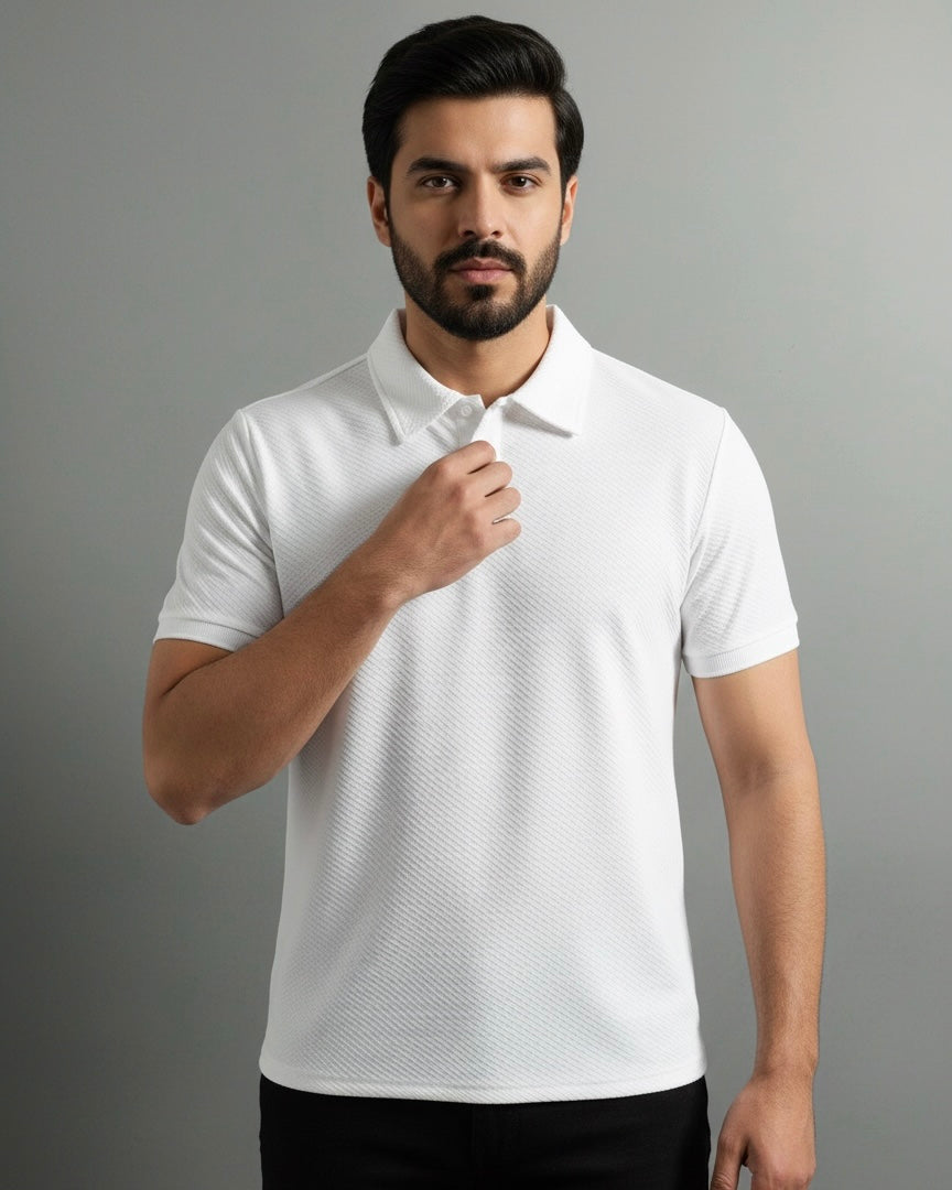 Men’s White Colour Textured Half Sleeve Casual Polo Shirt – Summer