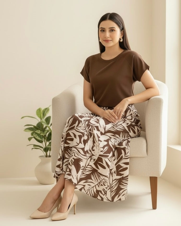 2PCS Summer Skirt Set – Brown Top & Printed Skirt Outfit
