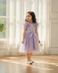 Young Girls Purple Cap Sleeve Mesh Dress