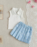 Girls 2 Piece Heart Embroidery Top & Pleated Skirt Set
