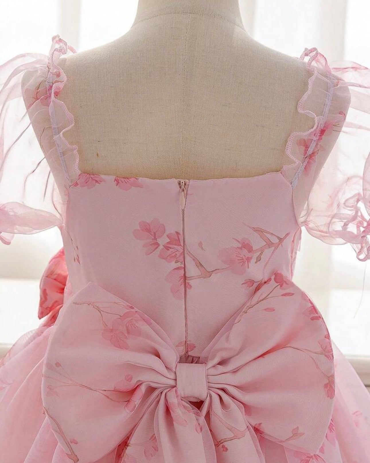 Girls Pink Floral Princess Dress with Petal Sleeves & Back Bow