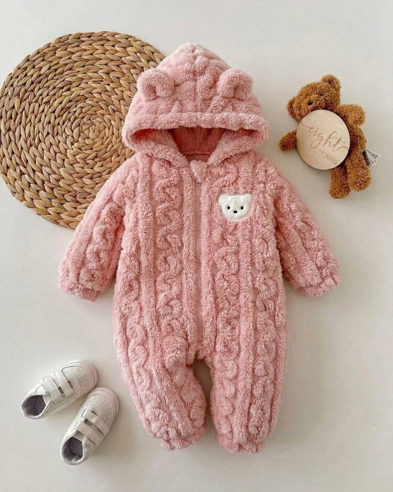 Baby Girl Winter 3D Pink Fluffy Heart Pattern Zipper Hooded Romper