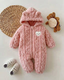 Baby Girl Winter 3D Pink Fluffy Heart Pattern Zipper Hooded Romper