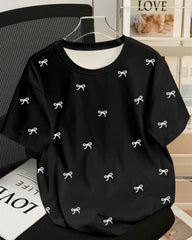 Regular Loose Bow Print Women T-Shirt - Summer