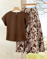 2PCS Summer Skirt Set – Brown Top & Printed Skirt Outfit
