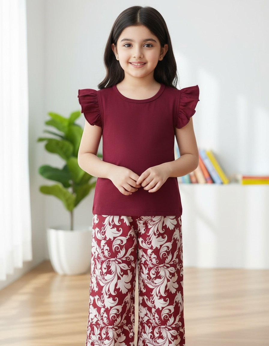 Girls’ Burgundy Flutter Sleeve Co-Ord Set