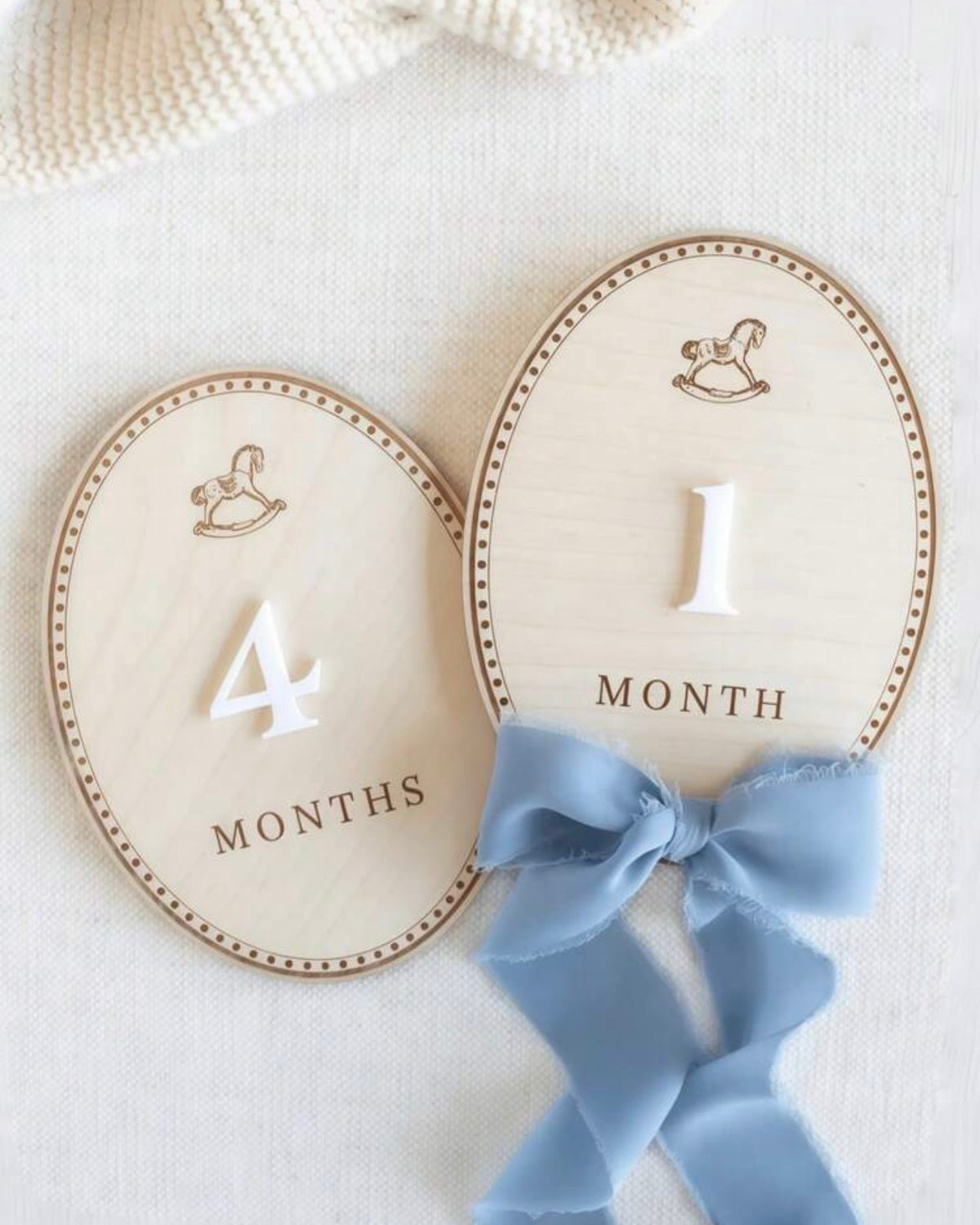Baby Boy Milestone Wooden Photo Props with Blue Bow – Newborn to 12 Months
