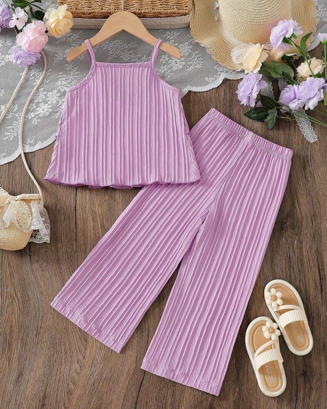 Girls’ Floral Embroidery Camisole + Wide Leg Pants
