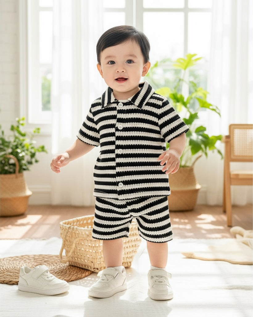 Baby Boy Black Striped Co-Ord Set – Collared Short Sleeve Shirt & Matching Shorts