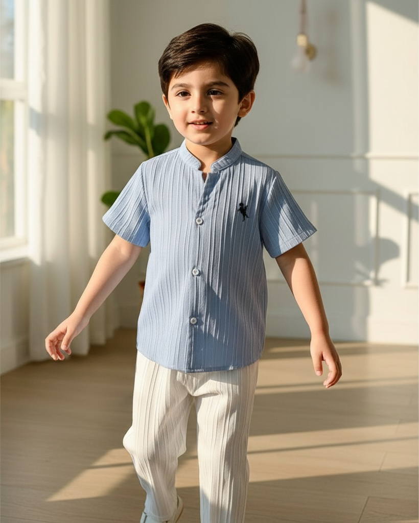 2pc Boys Blue and White Textured Shirt & Trouser Set