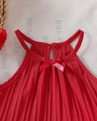 2pcs Baby Girls’ Red colour Spaghetti Strap Camisole Top With 3D Bow Decor Straight Leg Pants Set