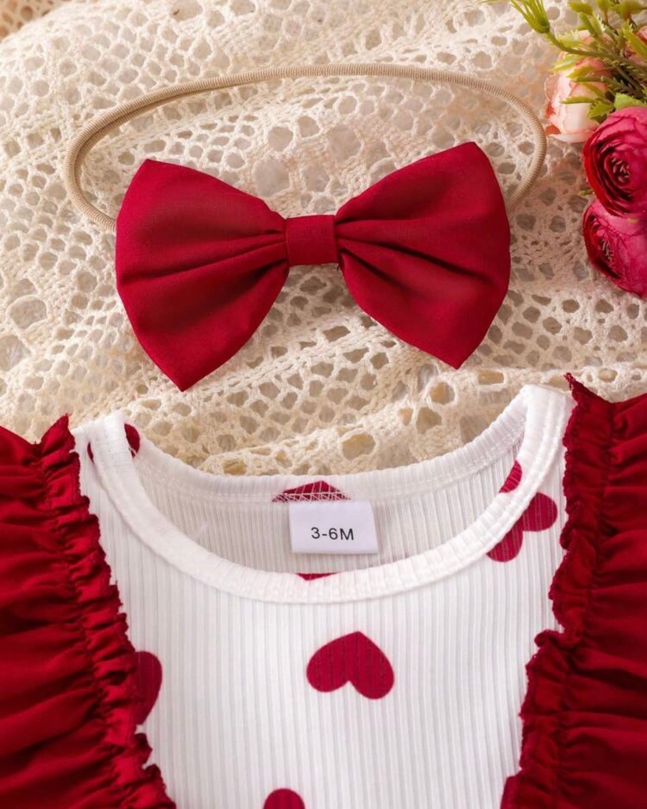 Baby Girl 3D Red Heart Flutter Sleeve Denim Overall Bodysuit + Bow Ruffle Socks